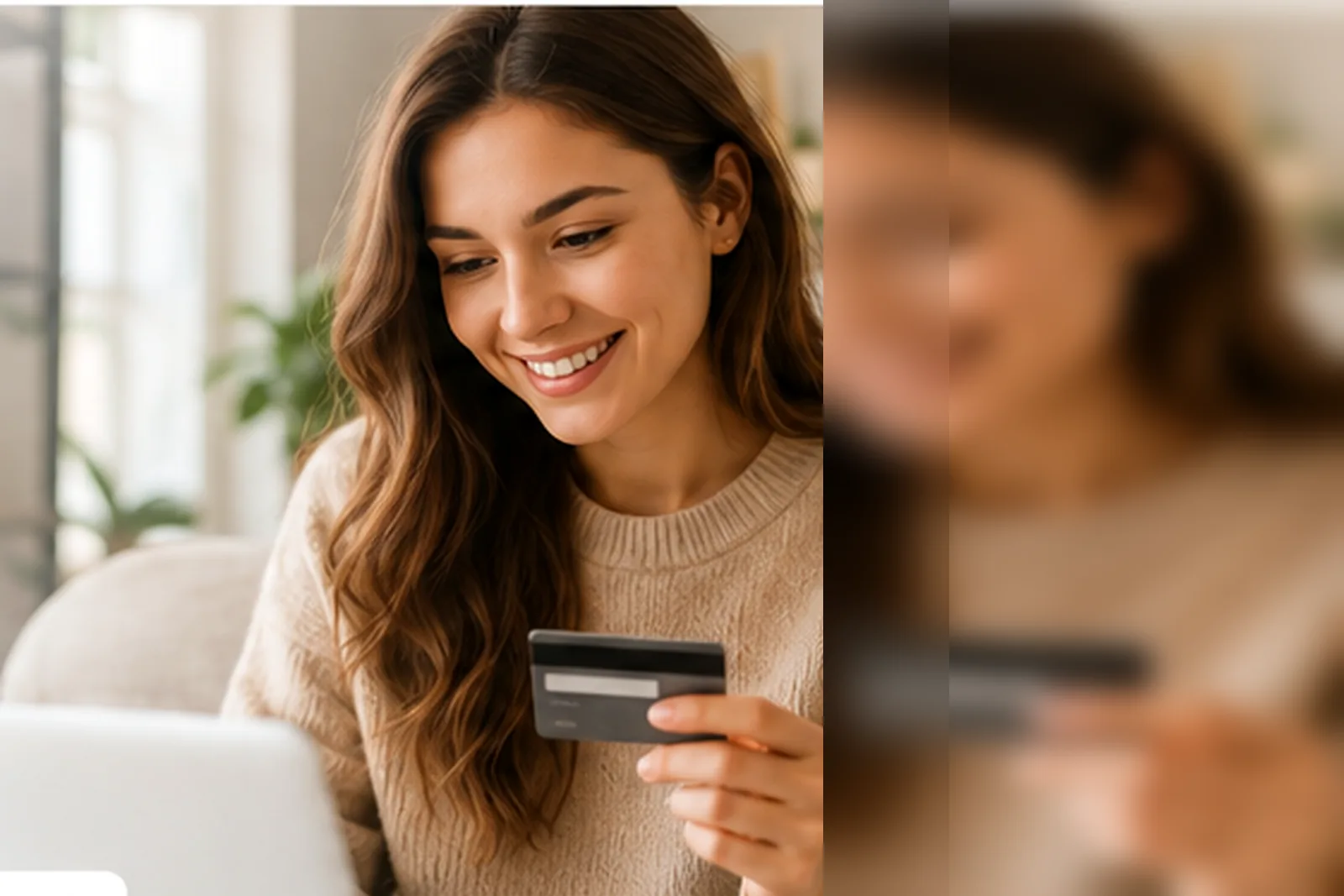 Smiling shopper browsing curated deals online with BargainsNCoupons