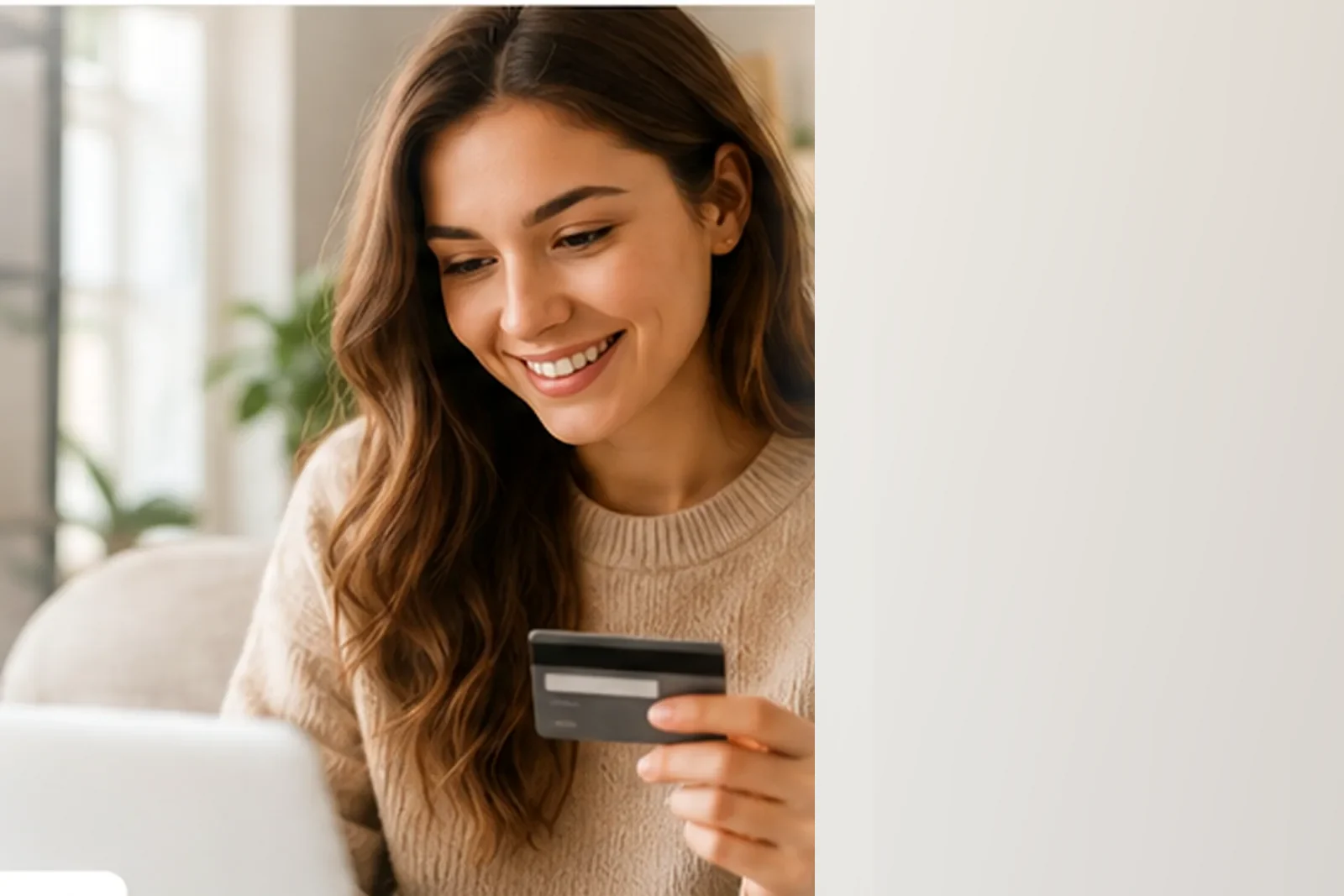 Smiling shopper browsing curated deals online with BargainsNCoupons