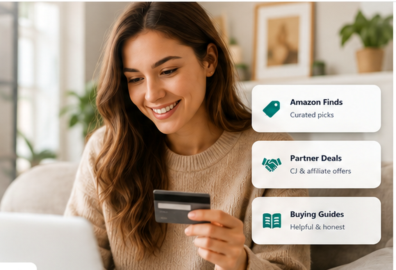 Smiling shopper browsing curated deals online with BargainsNCoupons